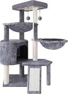 Xin Cat Tree Tower with Hammocks,Condo,Rope Ladder,Scratching Posts,Grey | 3-Tier Cat Tree