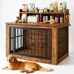 IRONCK Extra Large Dog Crate Furniture, 43.3 inches Wooden Dog Crate with Storage and 4 Ho